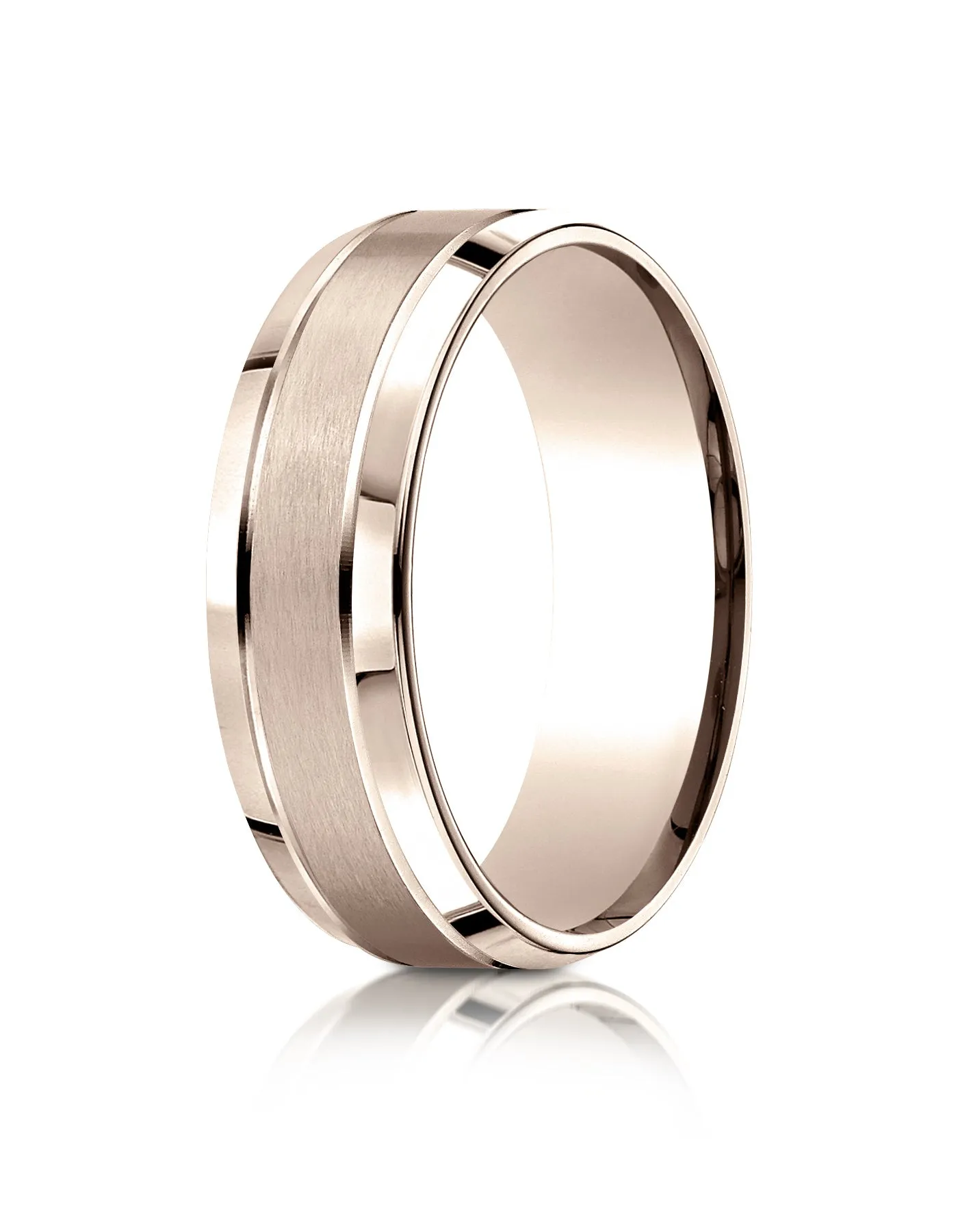 Benchmark 14k Rose Gold 7mm Comfort-Fit Satin-Finished High Polish Beveled Edge Carved Design Band, (4-15)