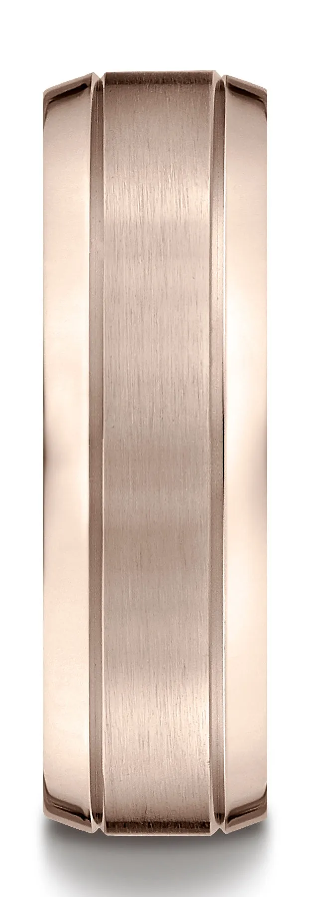 Benchmark 14k Rose Gold 7mm Comfort-Fit Satin-Finished High Polish Beveled Edge Carved Design Band, (4-15)