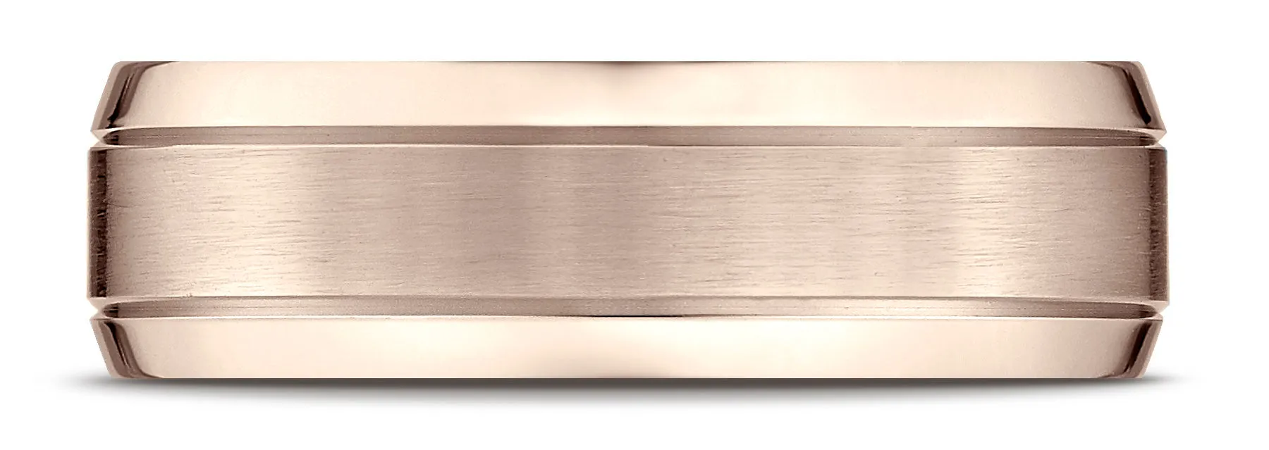 Benchmark 14k Rose Gold 7mm Comfort-Fit Satin-Finished High Polish Beveled Edge Carved Design Band, (4-15)