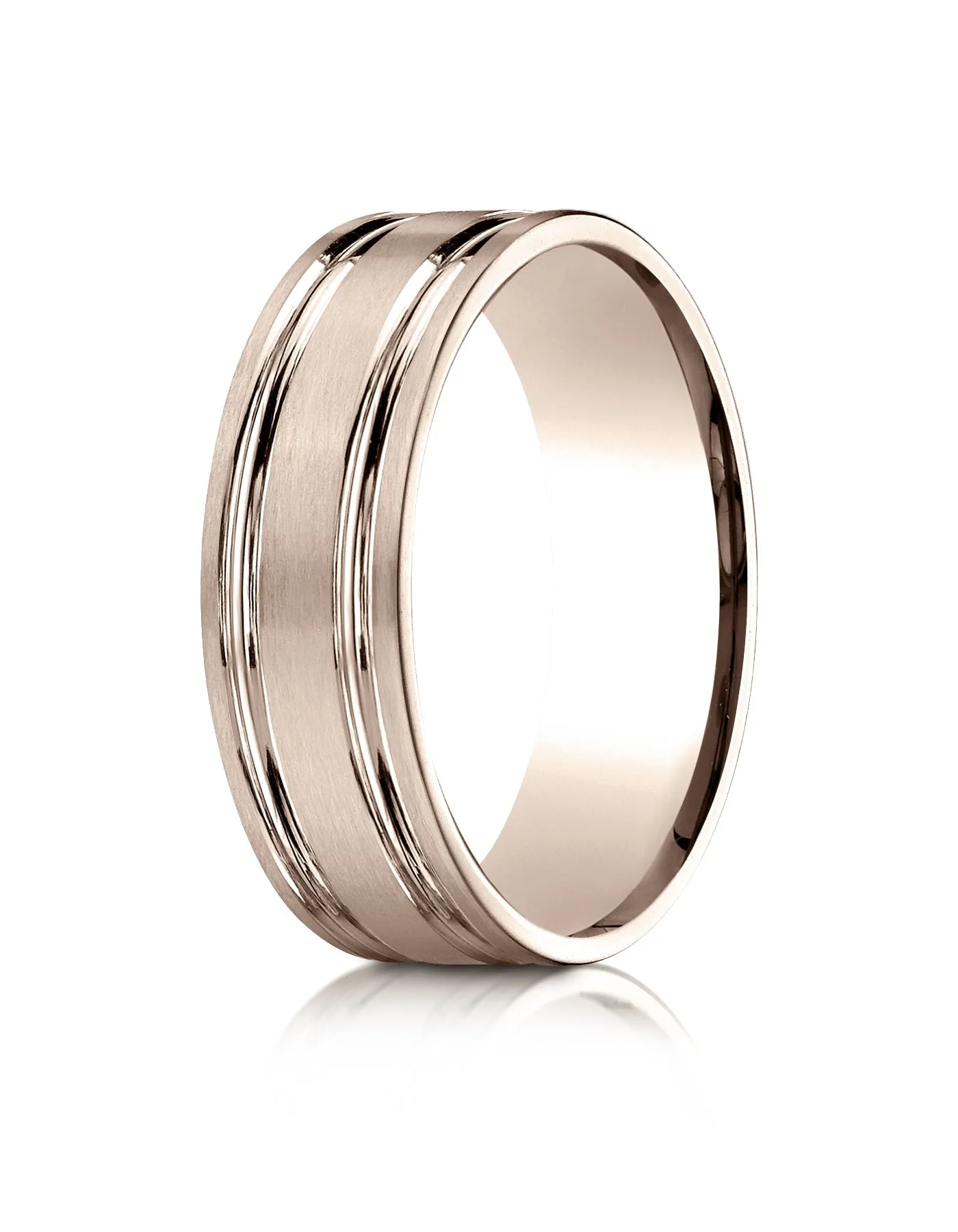 Benchmark 14k Rose Gold 7mm Comfort-Fit Satin-Finished w/ Parallel Grooves Carved Design Band, (4-15)
