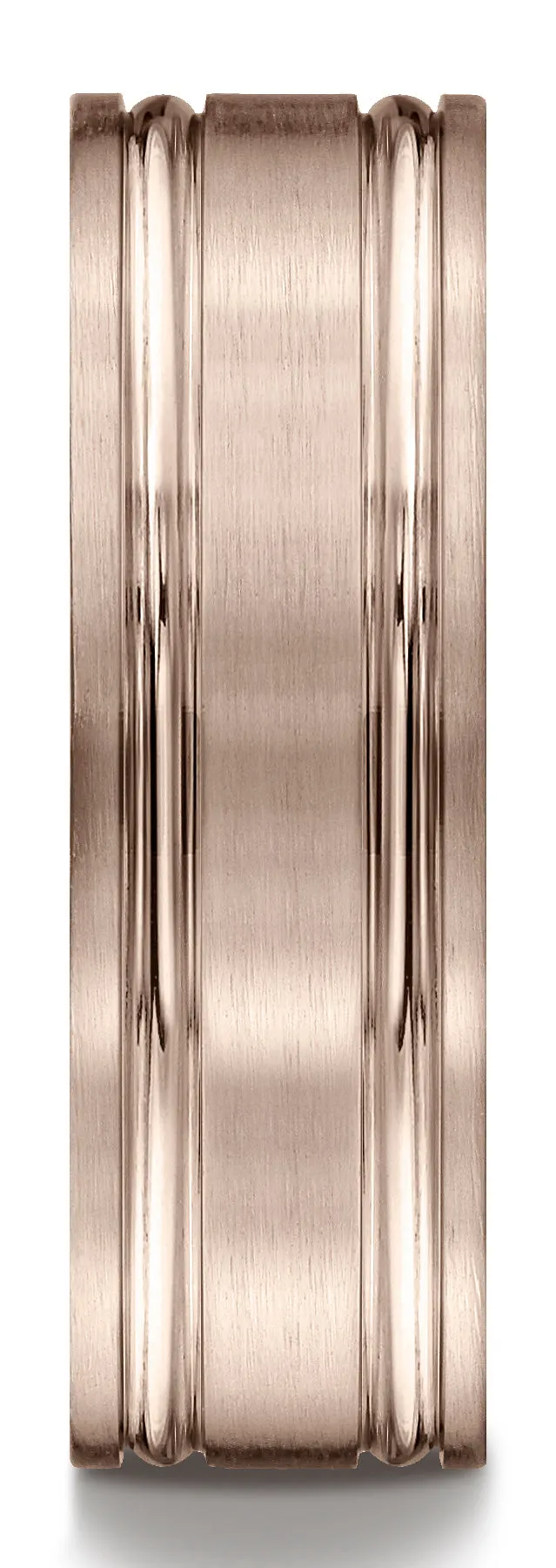 Benchmark 14k Rose Gold 7mm Comfort-Fit Satin-Finished w/ Parallel Grooves Carved Design Band, (4-15)