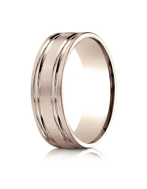 Benchmark 14k Rose Gold 7mm Comfort-Fit Satin-Finished w/ Parallel Grooves Carved Design Band, (4-15)