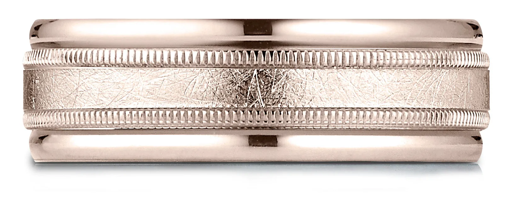 Benchmark 14k Rose Gold 7mm Comfort-Fit Swirl Finish Center Milgrain Round Edge Carved Design Band ( 4-15)