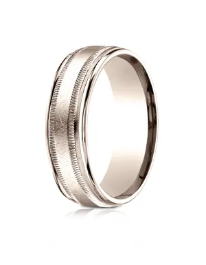 Benchmark 14k Rose Gold 7mm Comfort-Fit Swirl Finish Center Milgrain Round Edge Carved Design Band ( 4-15)