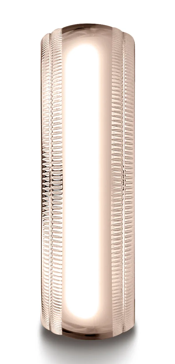 Benchmark 14K Rose Gold 7mm Slightly Domed Standard Comfort-Fit Wedding Band Ring with Double Milgrain