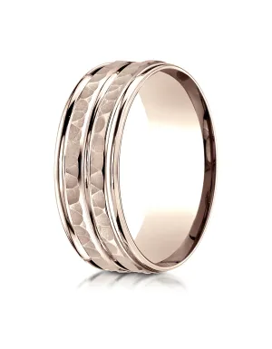 Benchmark 14K Rose Gold 8mm Comfort-Fit Hammer-Finished High Polished Center Trim and Round Edge Band