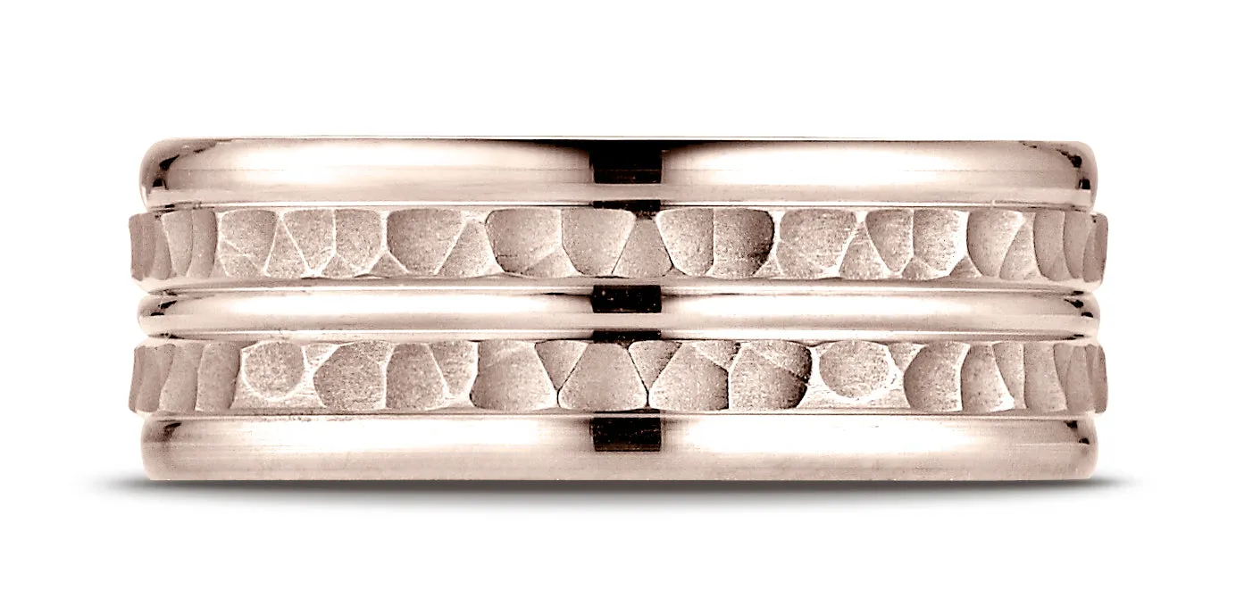 Benchmark 14K Rose Gold 8mm Comfort-Fit Hammer-Finished High Polished Center Trim and Round Edge Band