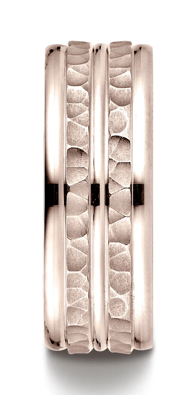 Benchmark 14K Rose Gold 8mm Comfort-Fit Hammer-Finished High Polished Center Trim and Round Edge Band