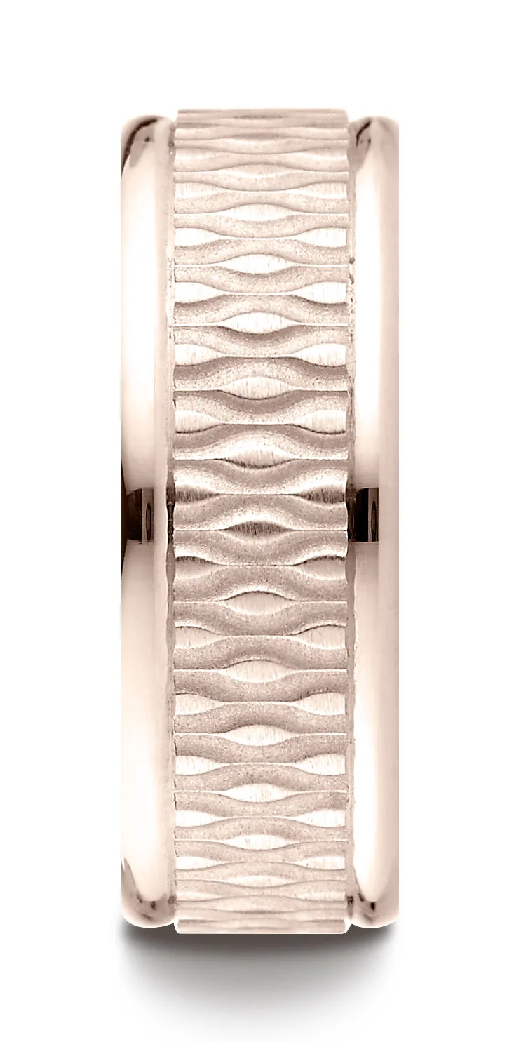 Benchmark 14K Rose Gold 8mm Comfort-Fit Round Edge Patterned Design Wedding Band Ring (Sizes 4 - 15 )