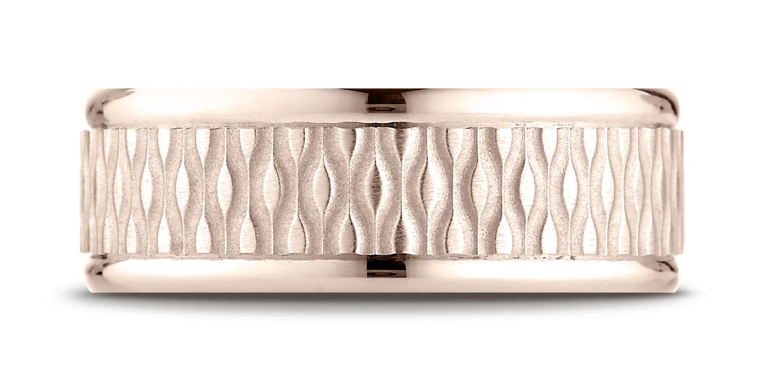 Benchmark 14K Rose Gold 8mm Comfort-Fit Round Edge Patterned Design Wedding Band Ring (Sizes 4 - 15 )
