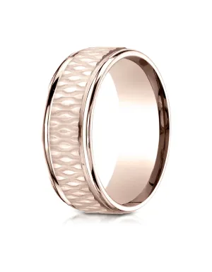 Benchmark 14K Rose Gold 8mm Comfort-Fit Round Edge Patterned Design Wedding Band Ring (Sizes 4 - 15 )