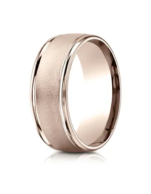 Benchmark 14K Rose Gold 8mm Comfort-Fit Wire Brush Finish with Round Edge Carved Design Wedding Ring