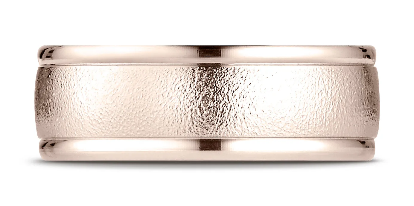 Benchmark 14K Rose Gold 8mm Comfort-Fit Wire Brush Finish with Round Edge Carved Design Wedding Ring