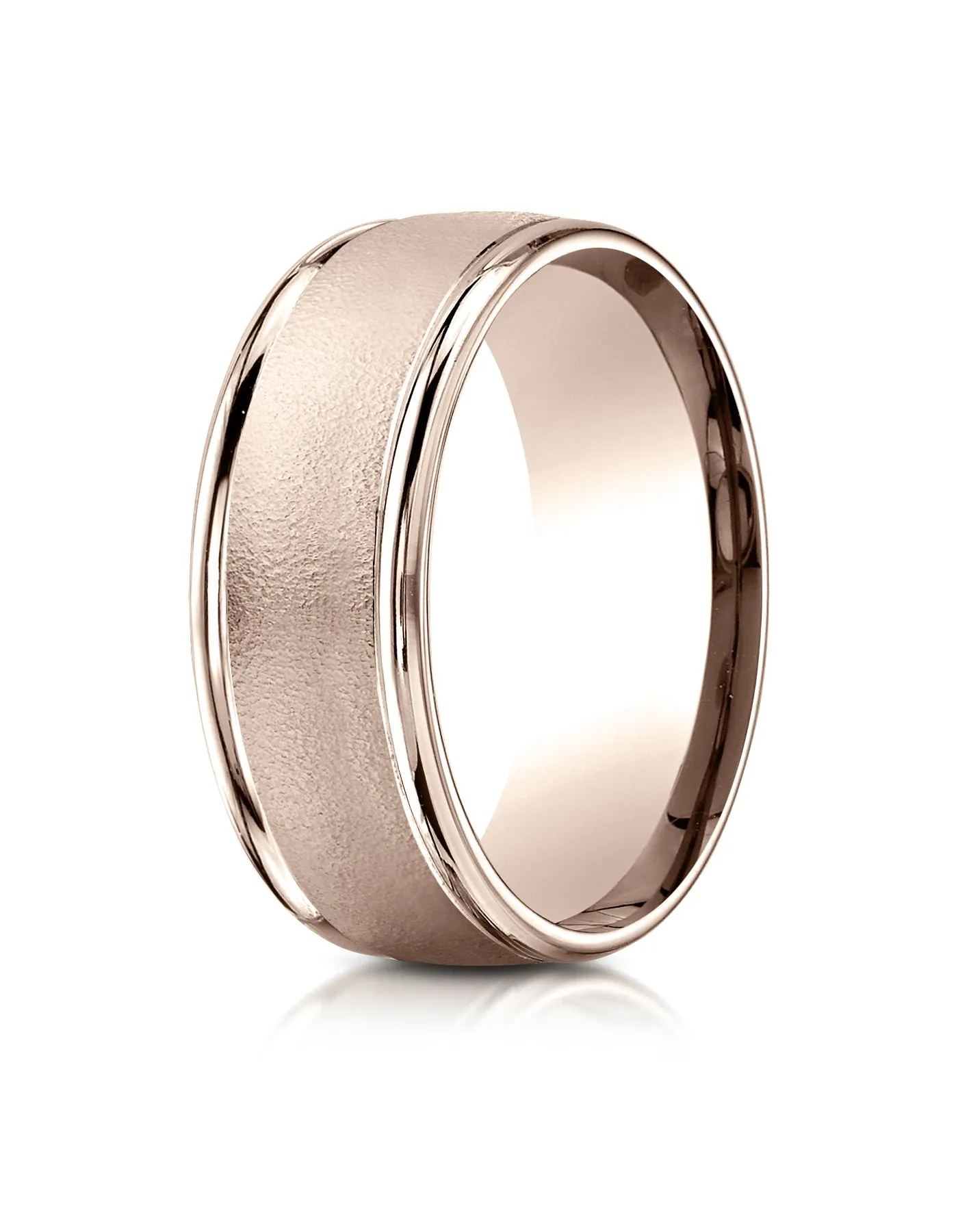 Benchmark 14K Rose Gold 8mm Comfort-Fit Wire Brush Finish with Round Edge Carved Design Wedding Ring