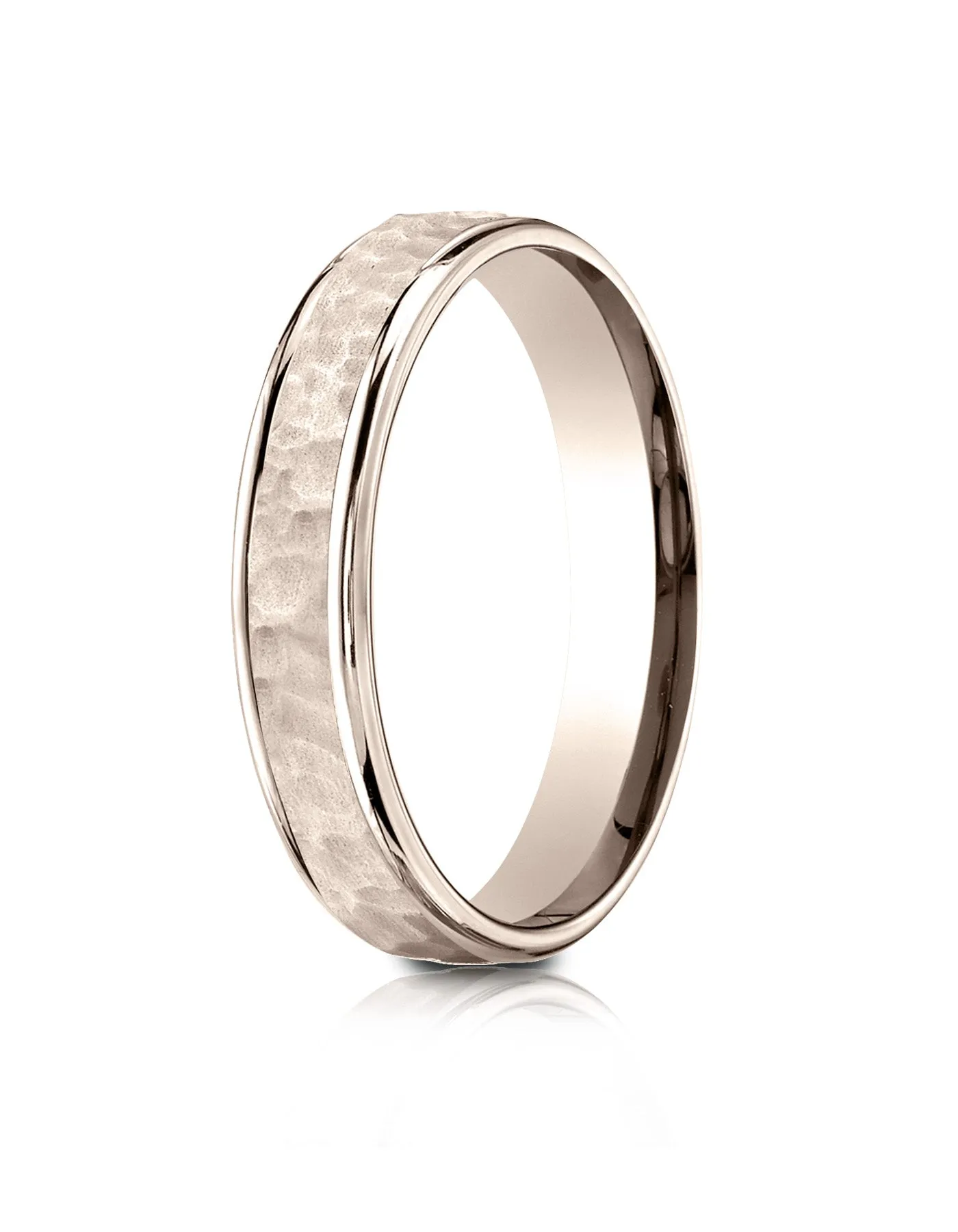 Benchmark 14k Rose Gold Comfort Fit 4mm High Polish Edge Hammered Center Design Band, (Size 6-13)
