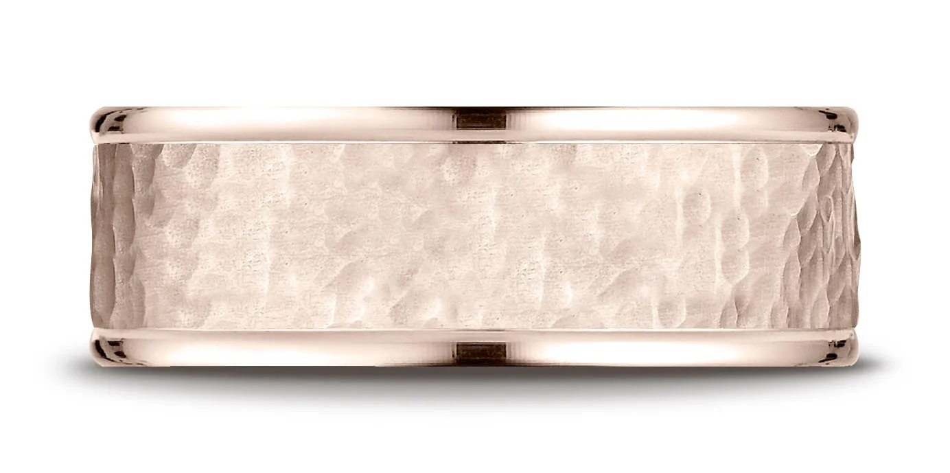Benchmark 14K Rose Gold Comfort-Fit 8mm High Polish Edge Hammered Center Design Wedding Band Ring,.