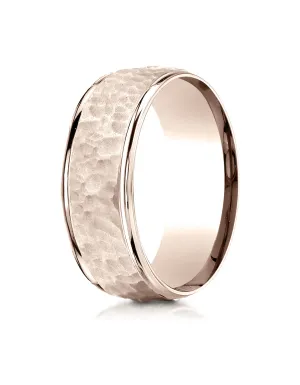 Benchmark 14K Rose Gold Comfort-Fit 8mm High Polish Edge Hammered Center Design Wedding Band Ring,.