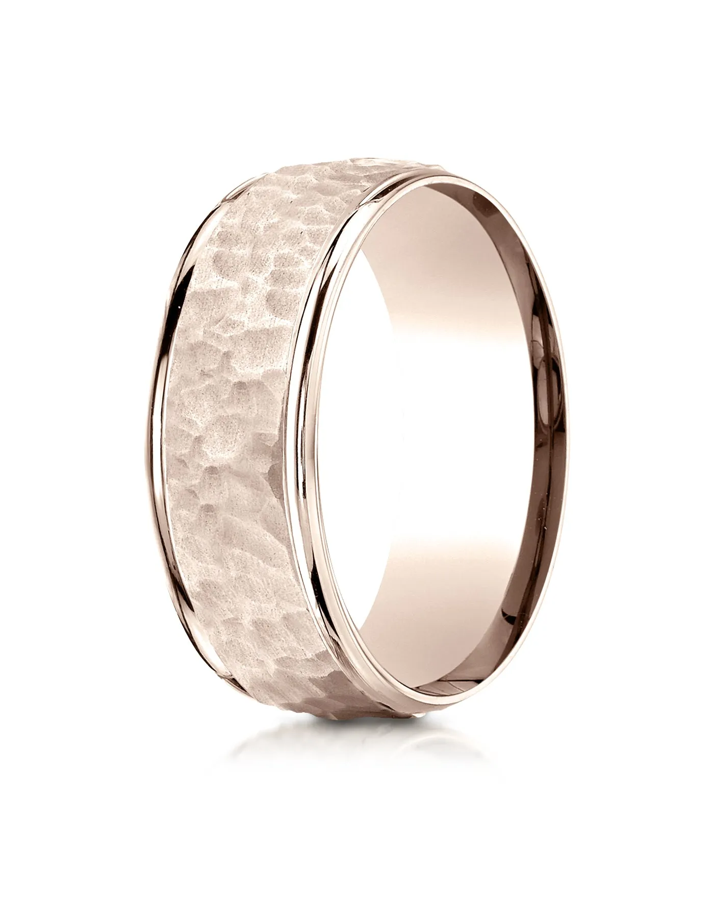 Benchmark 14K Rose Gold Comfort-Fit 8mm High Polish Edge Hammered Center Design Wedding Band Ring,.
