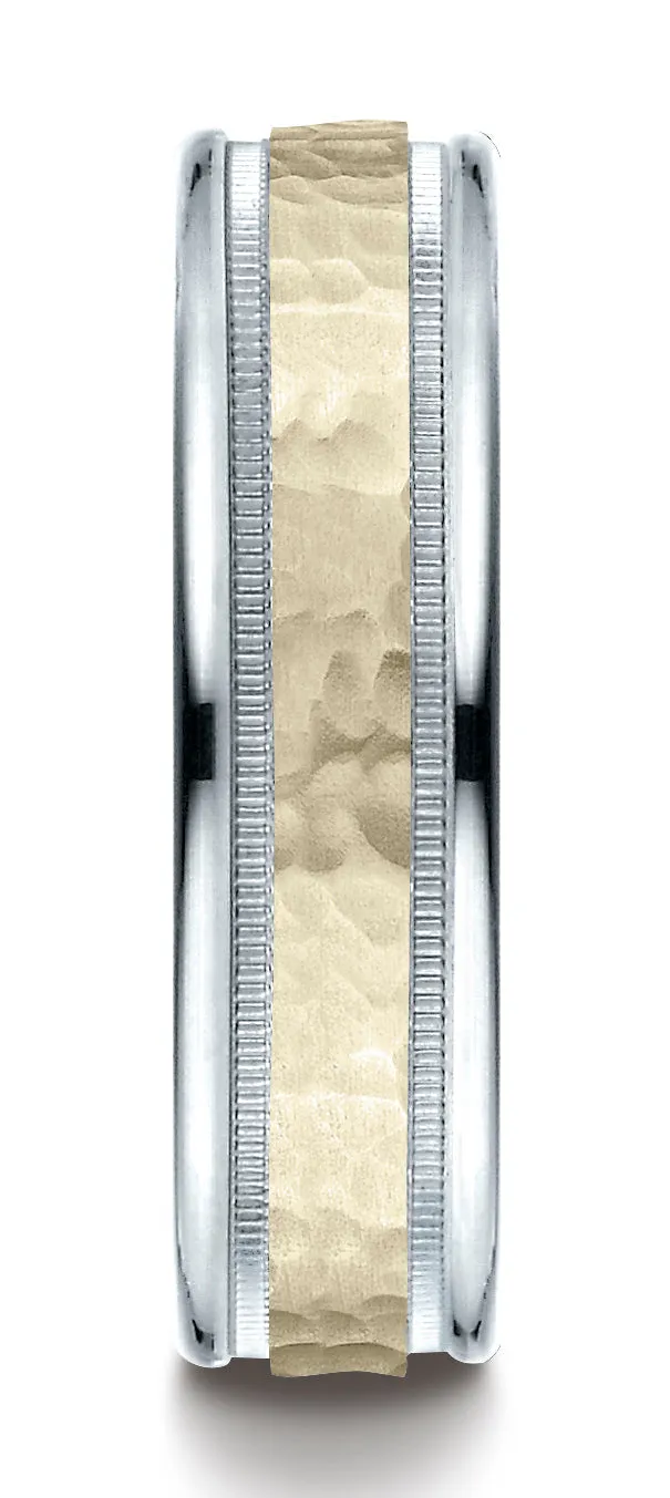Benchmark 14K Two-Toned Gold 6mm Comfort-Fit Hammered-Finished with Milgrain Carved Design Wedding Band
