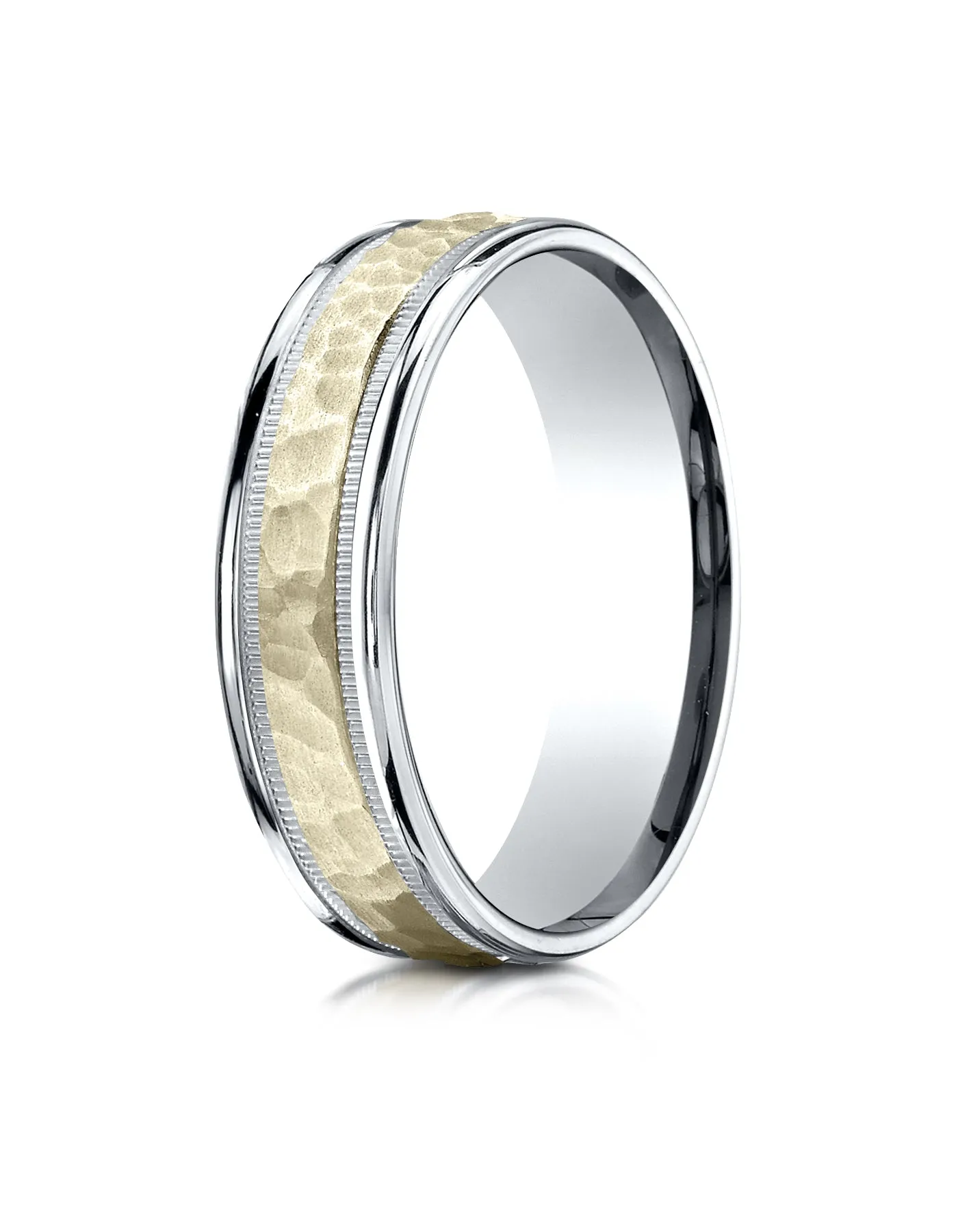Benchmark 14K Two-Toned Gold 6mm Comfort-Fit Hammered-Finished with Milgrain Carved Design Wedding Band