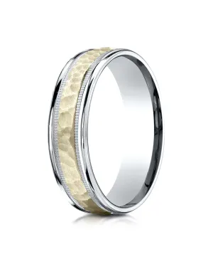 Benchmark 14K Two-Toned Gold 6mm Comfort-Fit Hammered-Finished with Milgrain Carved Design Wedding Band