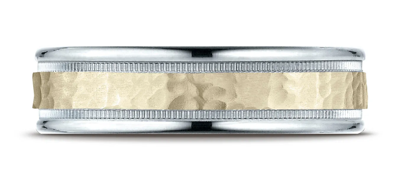 Benchmark 14K Two-Toned Gold 6mm Comfort-Fit Hammered-Finished with Milgrain Carved Design Wedding Band