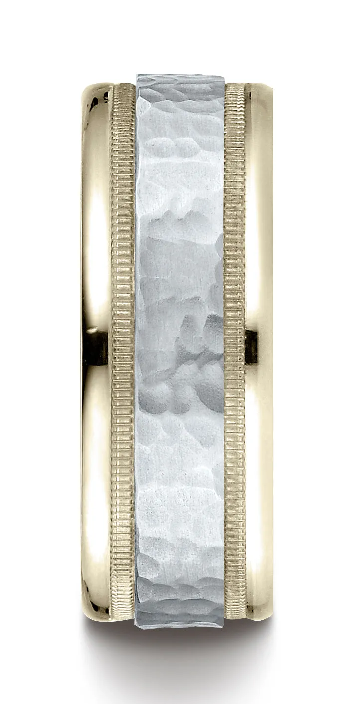 Benchmark 14K Two-Toned Gold 8mm Comfort-Fit Hammered-Finished with Milgrain Carved Design Wedding Band