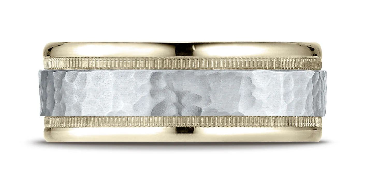 Benchmark 14K Two-Toned Gold 8mm Comfort-Fit Hammered-Finished with Milgrain Carved Design Wedding Band