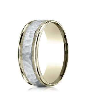 Benchmark 14K Two-Toned Gold 8mm Comfort-Fit Hammered-Finished with Milgrain Carved Design Wedding Band