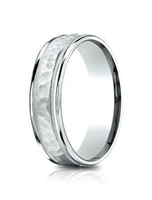 Benchmark 14k White Gold 6.5mm Comfort-Fit Hammered Center High Polish Round Edge Carved Design Band