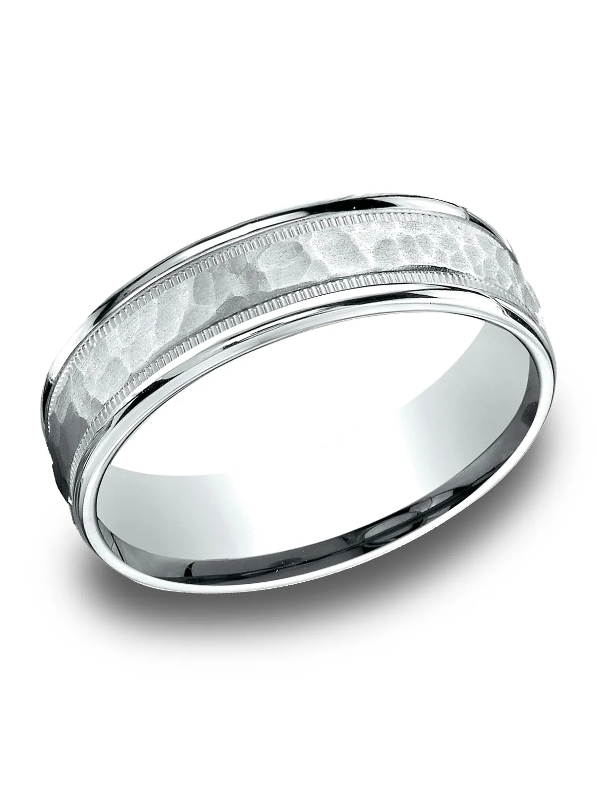 Benchmark 14k White Gold 6.5mm Comfort-Fit Hammered Center High Polish Round Edge Carved Design Band