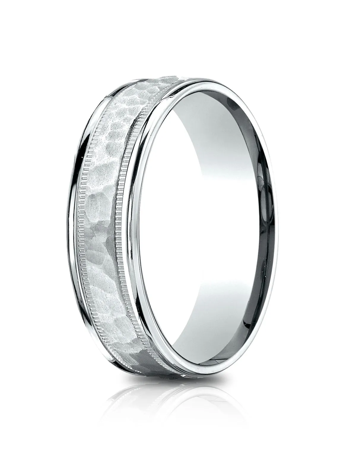 Benchmark 14k White Gold 6.5mm Comfort-Fit Hammered Center High Polish Round Edge Carved Design Band