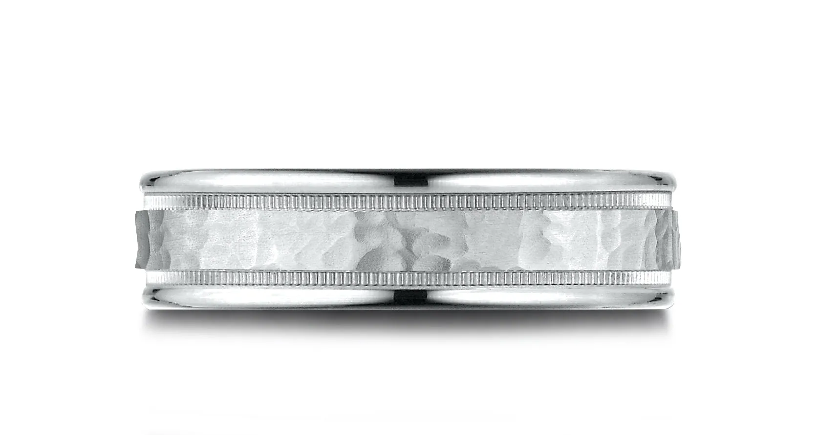 Benchmark 14k White Gold 6.5mm Comfort-Fit Hammered Center High Polish Round Edge Carved Design Band