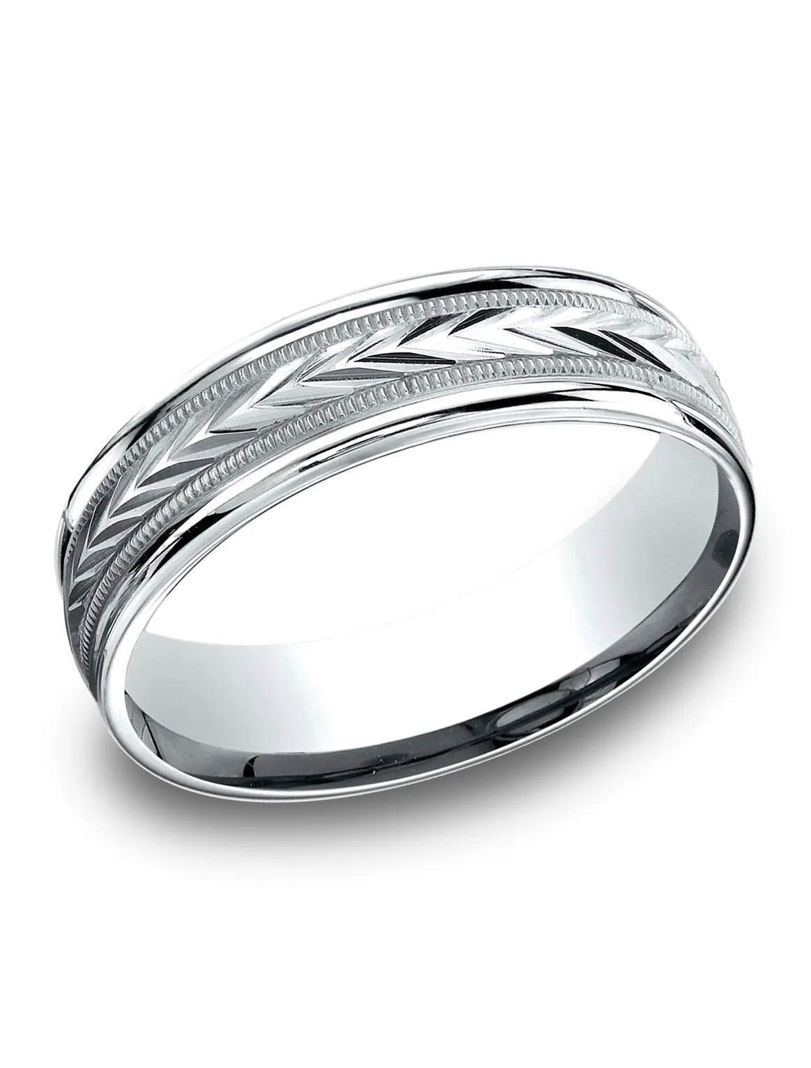 Benchmark 14k White Gold 6.5mm Comfort-Fit Harvest of Love Round Edge Carved Design Band, (Size 4-14)