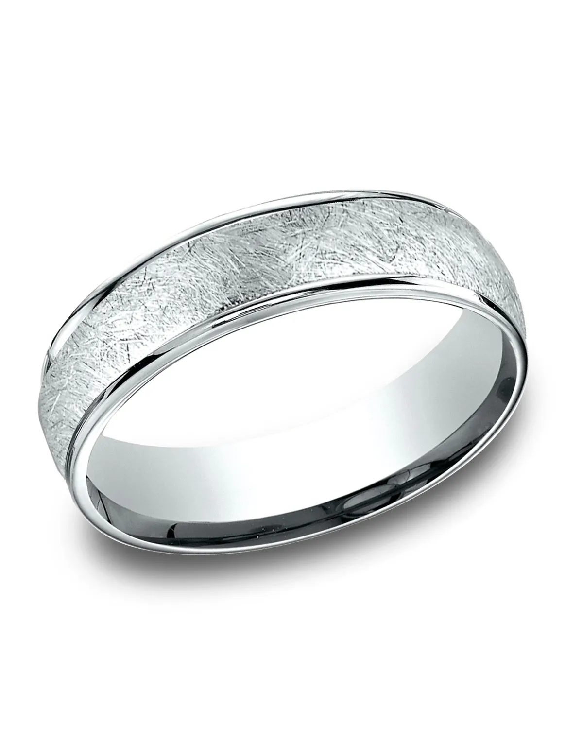 Benchmark 14K White Gold 6.5mm Comfort-Fit Round Edge Swirl Finish Design Band, (Size 4-14)