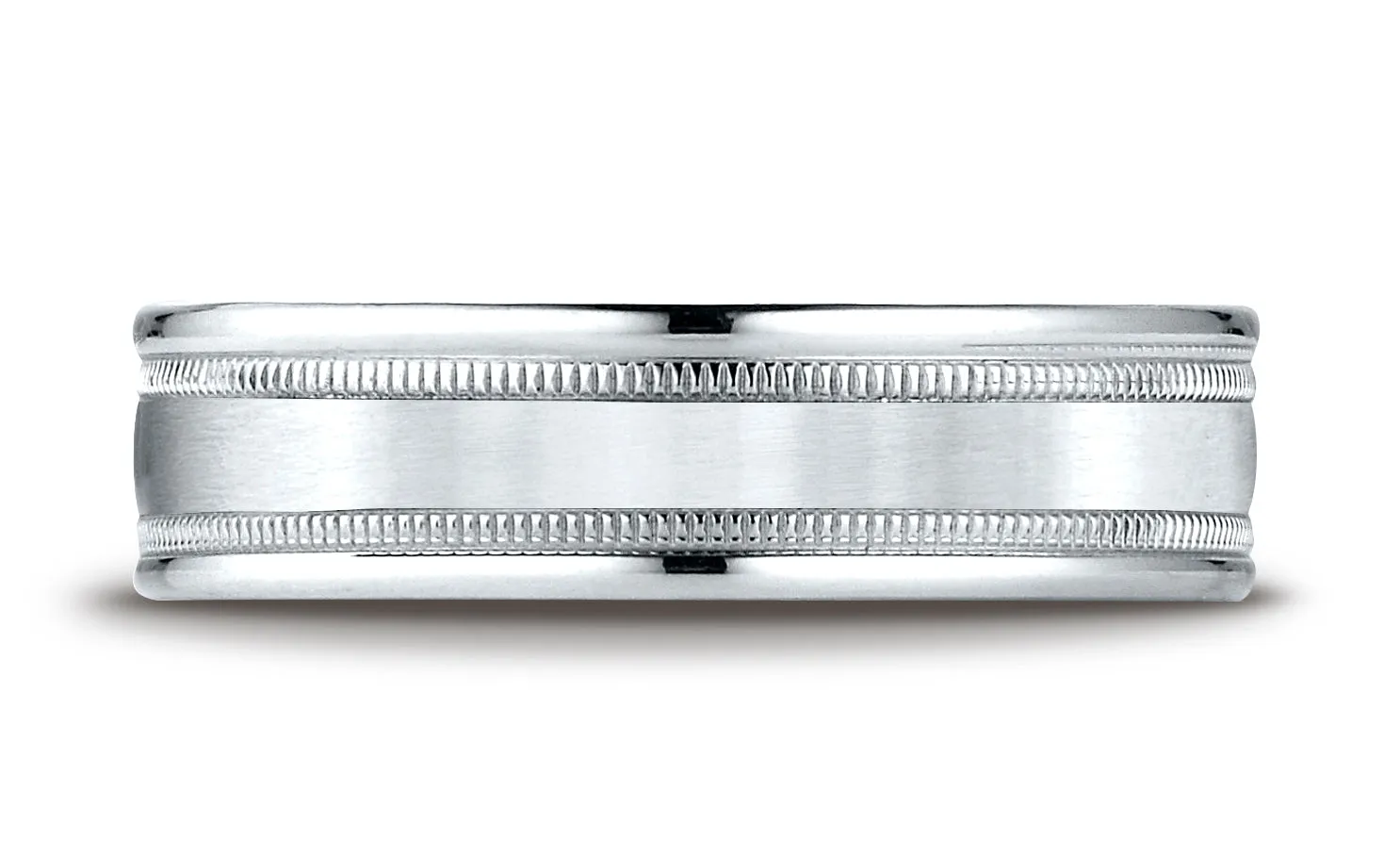 Benchmark 14k White Gold 6.5mm Comfort-Fit Satin Finish Center w/ Milgrain Round Edge Carved Design Band