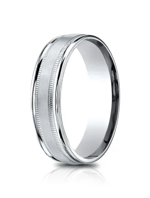 Benchmark 14k White Gold 6.5mm Comfort-Fit Satin Finish Center w/ Milgrain Round Edge Carved Design Band