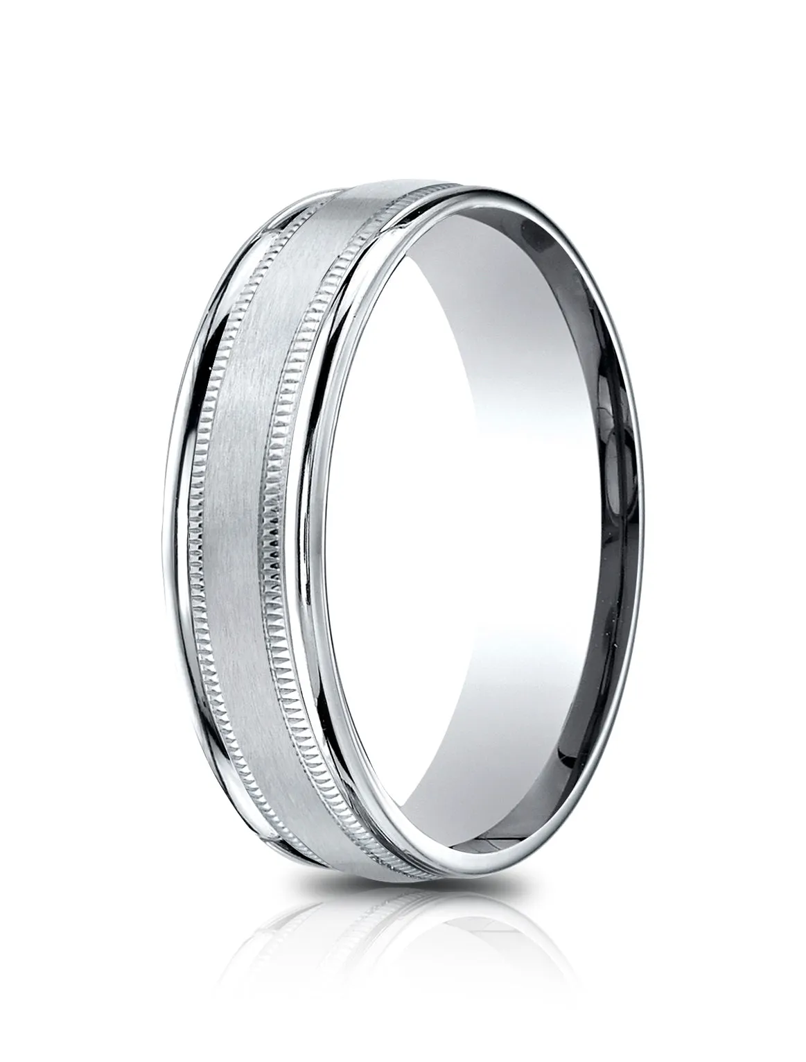 Benchmark 14k White Gold 6.5mm Comfort-Fit Satin Finish Center w/ Milgrain Round Edge Carved Design Band