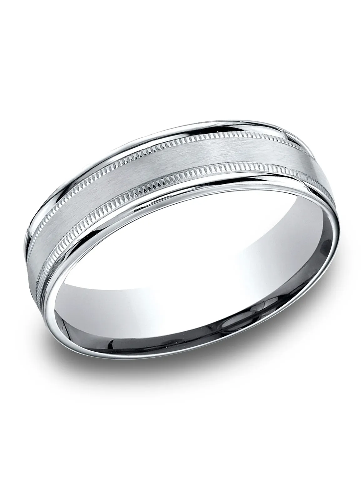 Benchmark 14k White Gold 6.5mm Comfort-Fit Satin Finish Center w/ Milgrain Round Edge Carved Design Band