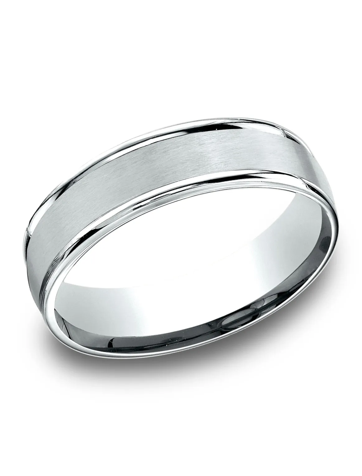 Benchmark 14k White Gold 6.5mm Comfort-Fit Satin Finish, Polished Round Edge Carved Design Band