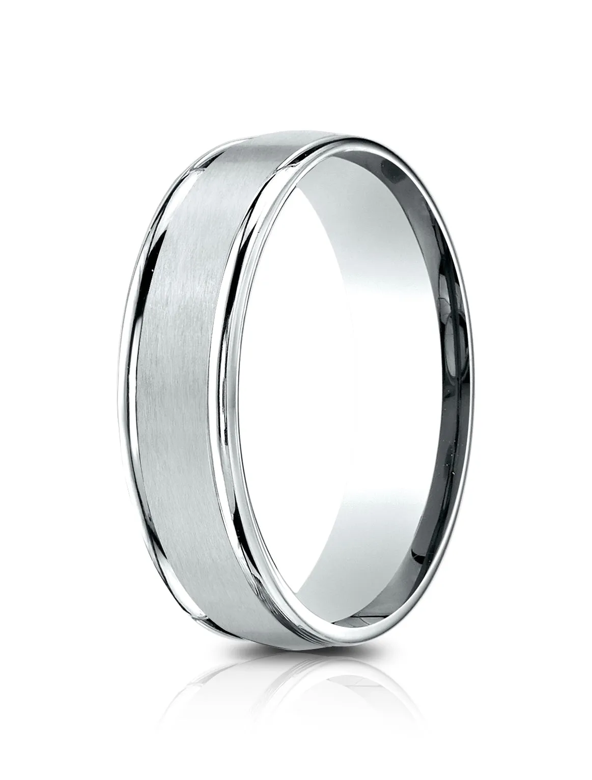 Benchmark 14k White Gold 6.5mm Comfort-Fit Satin Finish, Polished Round Edge Carved Design Band