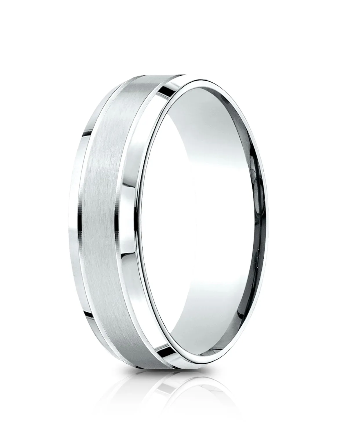 Benchmark 14k White Gold 6.5mm Comfort-Fit Satin-Finished, Polished Beveled Edge Carved Design Band