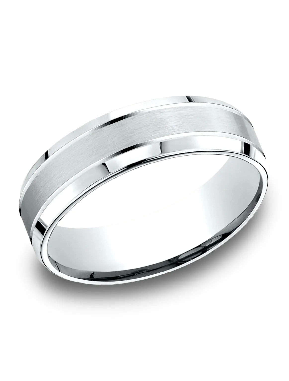 Benchmark 14k White Gold 6.5mm Comfort-Fit Satin-Finished, Polished Beveled Edge Carved Design Band