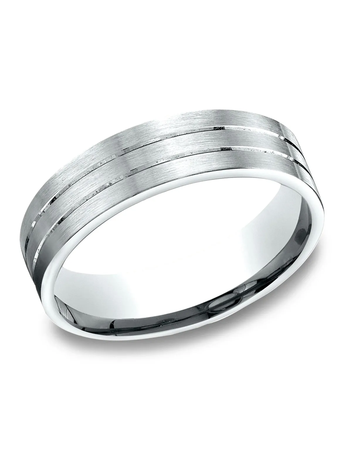 Benchmark 14k White Gold 6.5mm Comfort-Fit Satin-Finished with Parallel Center Cuts Carved Design Band