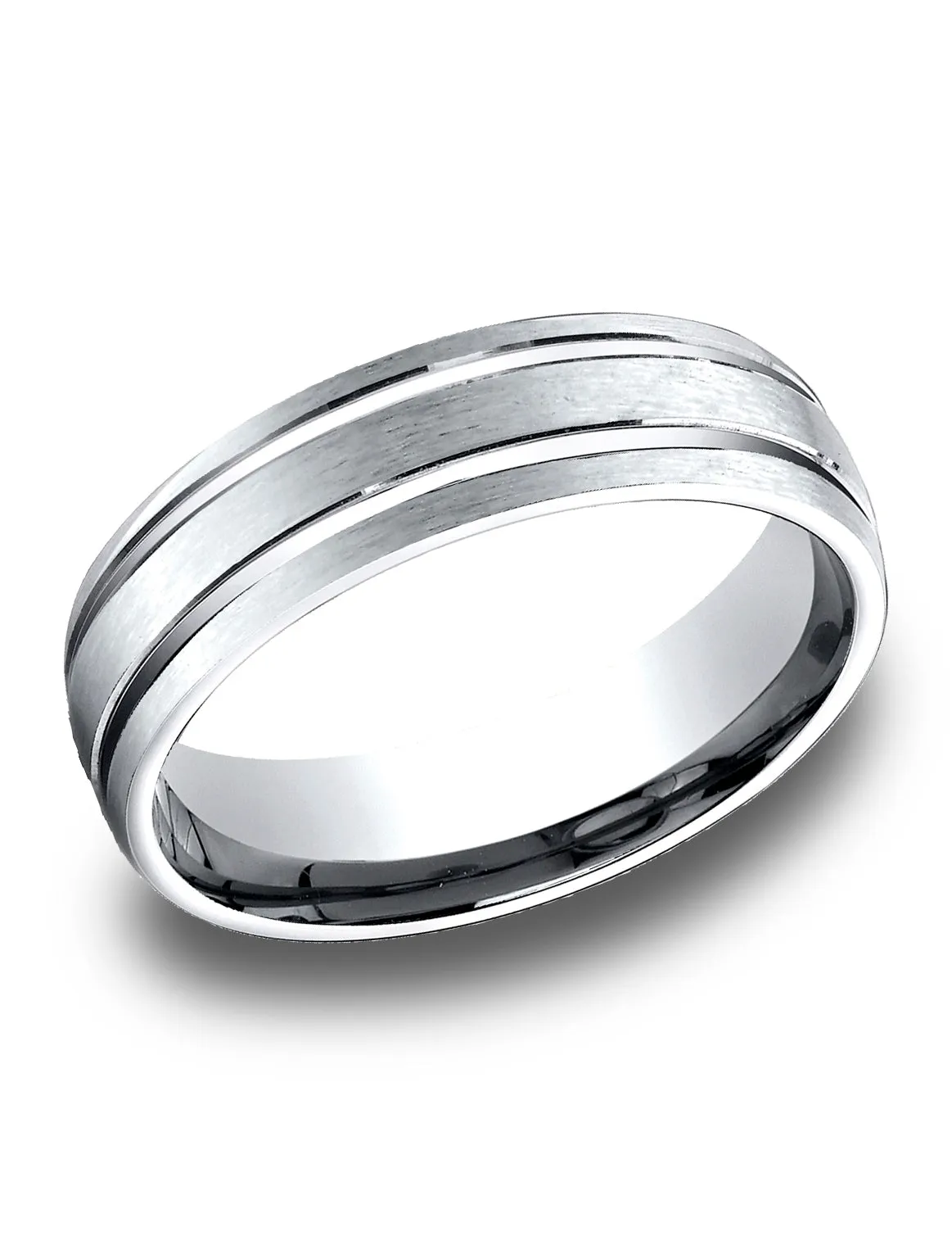 Benchmark 14K White Gold 6.5mm Comfort-Fit Satin-Finished with Parallel Grooves Carved Design Band