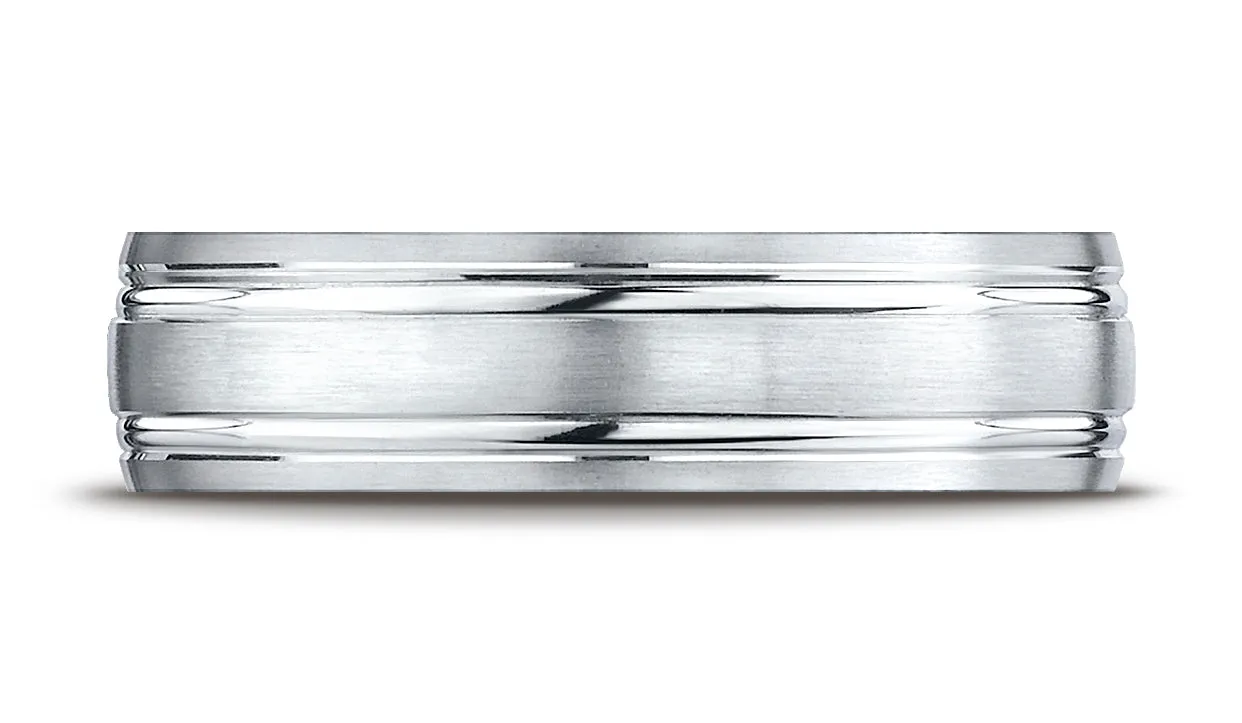 Benchmark 14K White Gold 6.5mm Comfort-Fit Satin-Finished with Parallel Grooves Carved Design Band