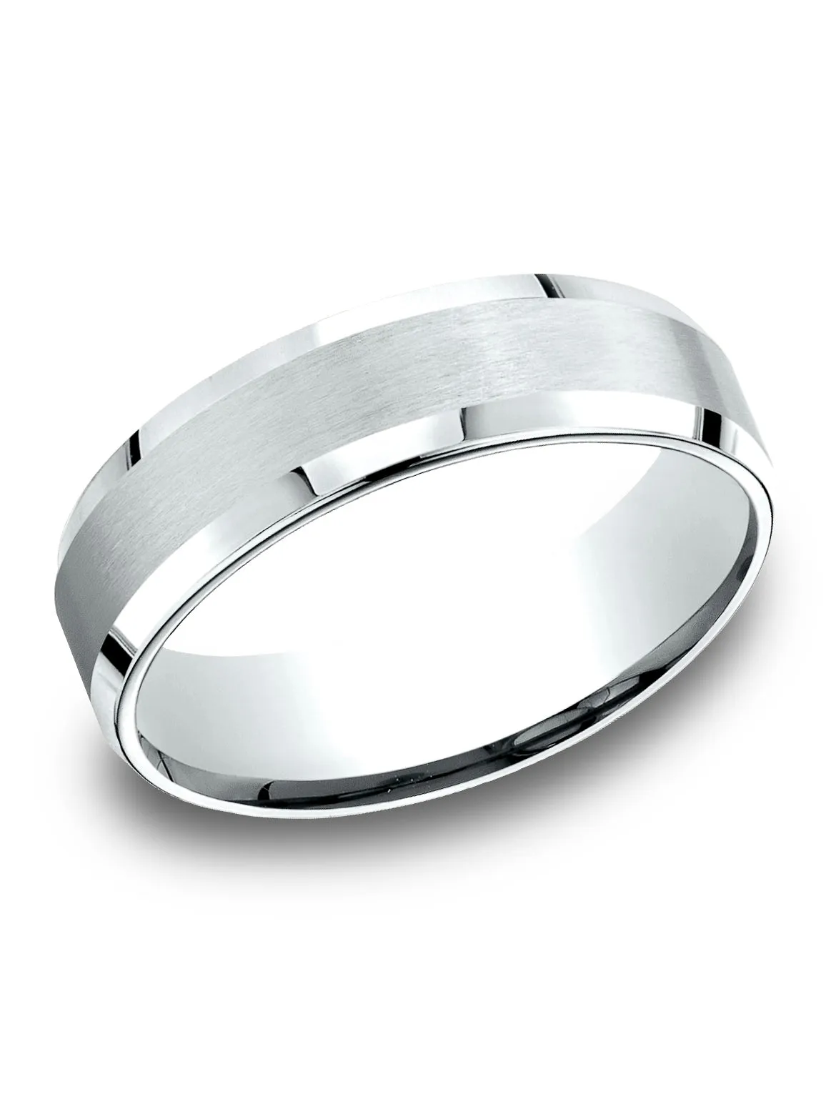 Benchmark 14k White Gold 6.5mm Comfort-Fit Satin-Finished with, Polished Beveled Edge Carved Design Band