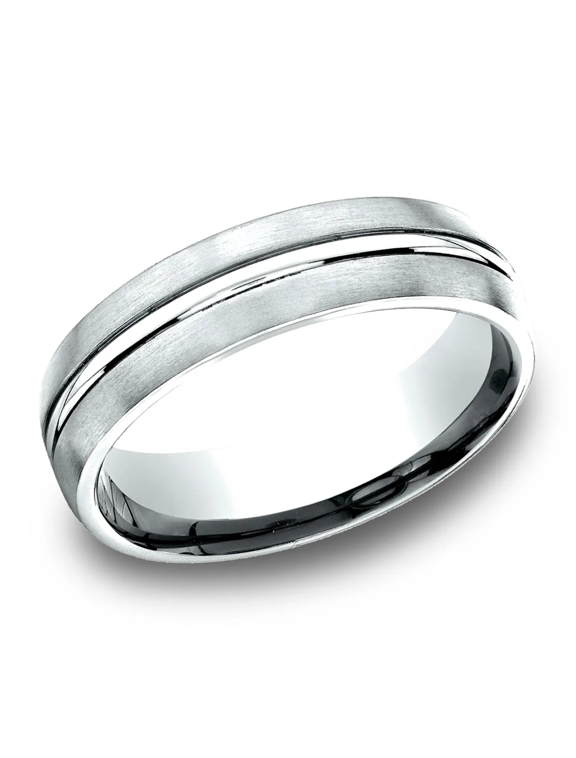 Benchmark 14k White Gold 6.5mm Comfort-Fit Satin-Finished with, Polished Center Cut Carved Design Band
