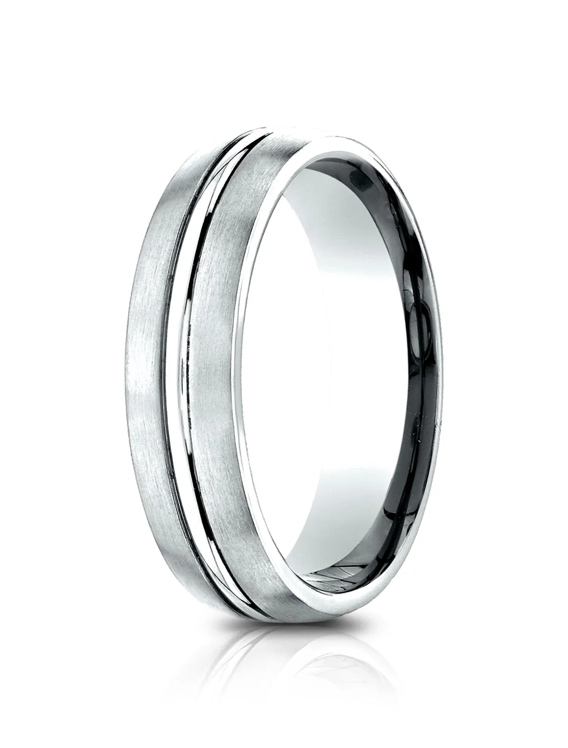 Benchmark 14k White Gold 6.5mm Comfort-Fit Satin-Finished with, Polished Center Cut Carved Design Band