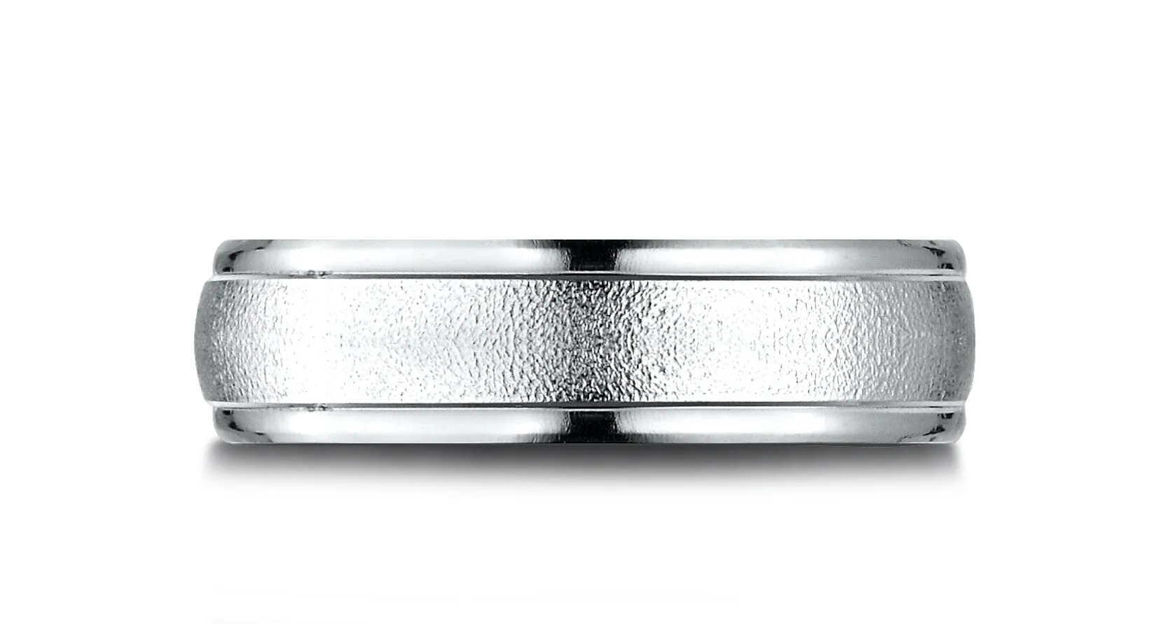 Benchmark 14k White Gold 6.5mm Comfort-Fit Wired-Finished, Polished Round Edge Carved Design Band